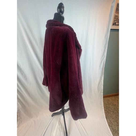 Burgundy Faux Fur Teddy Coat Oversized Notched Lapel Open Front Jacket Wine Red - Picture 11 of 13